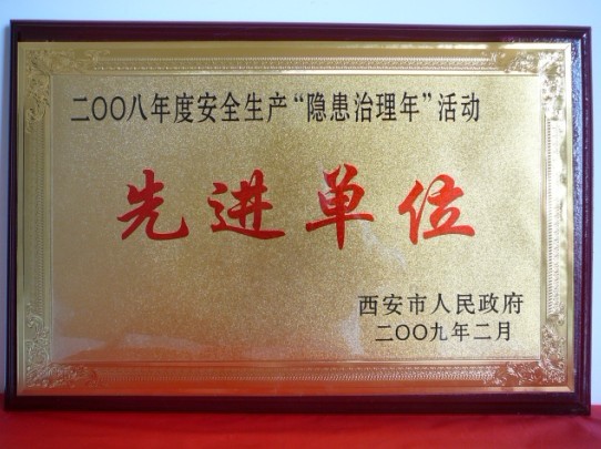 2009年2月，，，，，被西安市人民政府评为2008年度清静生产“隐患治理年”运动先进单位